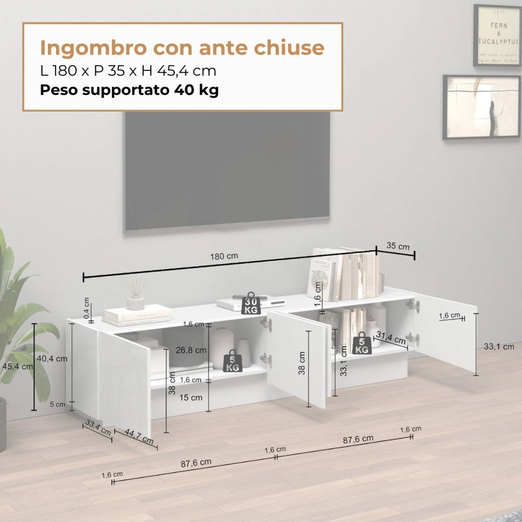 WHOUS Mobile porta TV Vela con 4 ante colore bianco lucido 180x35x45,4 cm