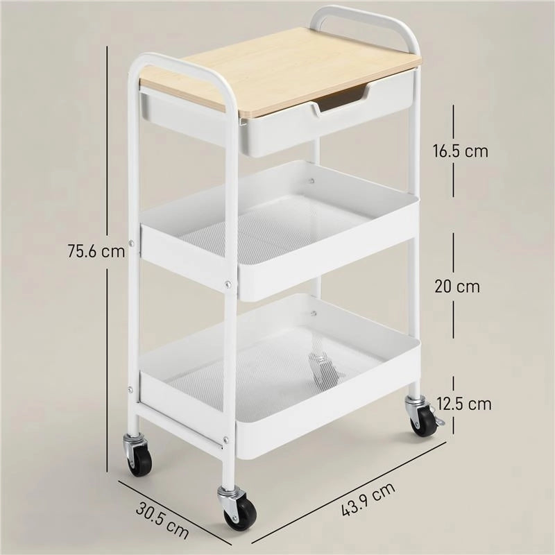 CARRELLO CUCINA MULTIUSO CON RUOTE GIREVOLI, 2 CESTI, CASSETTO E PIANO IN LEGNO, BIANCO