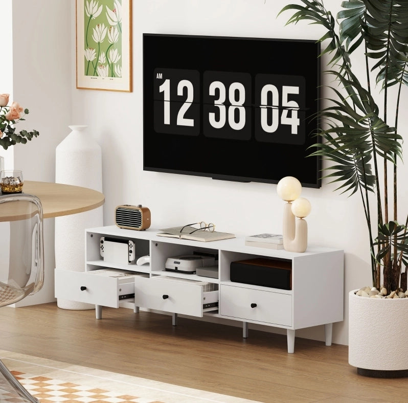 Mobile TV ULEVR 140x34x45 cm con 3 cassetti, 3 vani aperti e passacavi, bianco