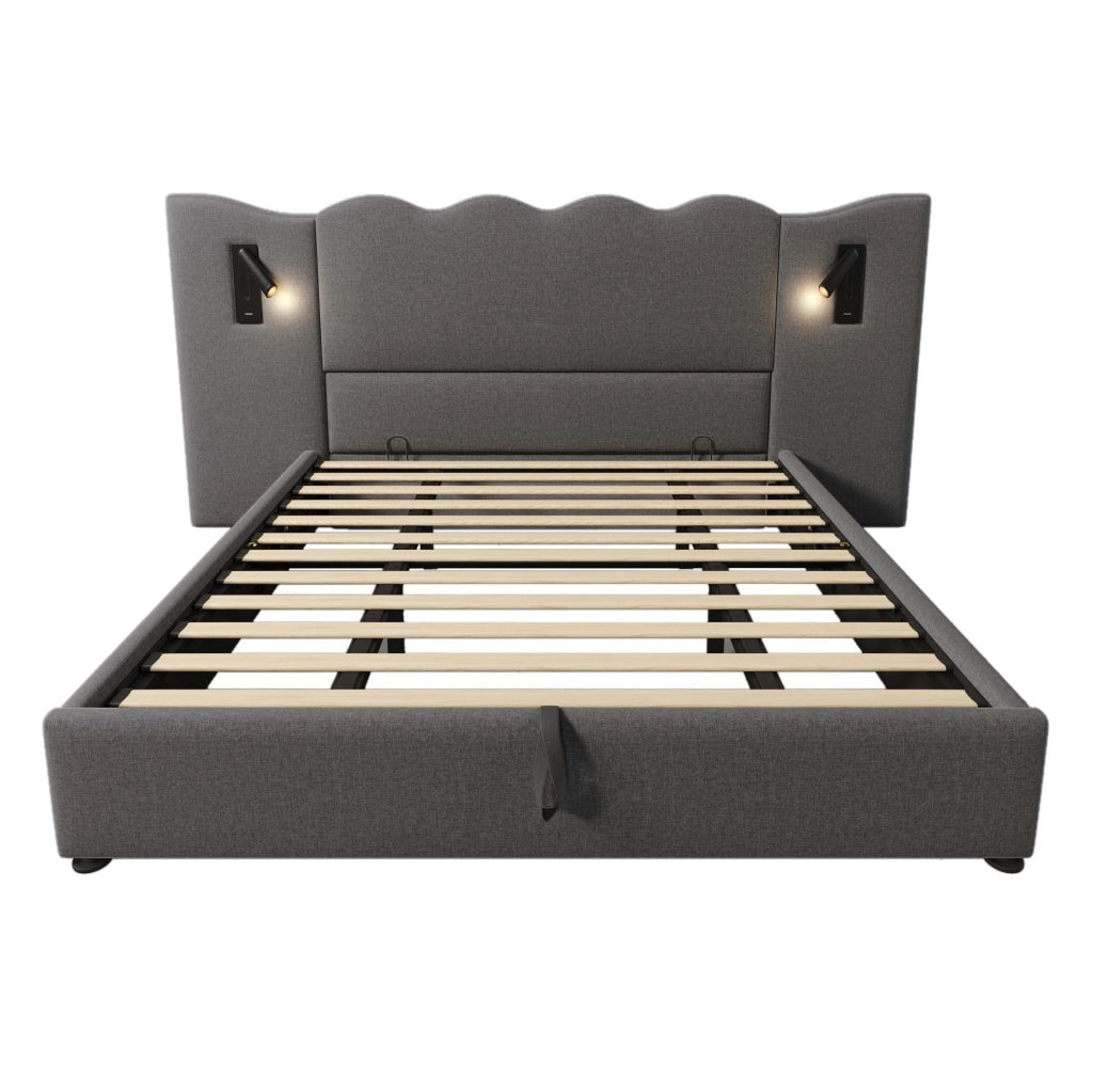 Letto imbottito 180x200 cm con contenitore; lampada da lettura e USB-C in lino grigio