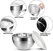 Set di 5 Mengkommen in Acciaio Inossidabile (1,45L, 1,8L, 2,5L, 3,2L, 4L), Bordo Largo per una Facile Presa e Servizio, Ripiegabile per un facile Stoccaggio, Multifunzionale per l'Uso in Cucina