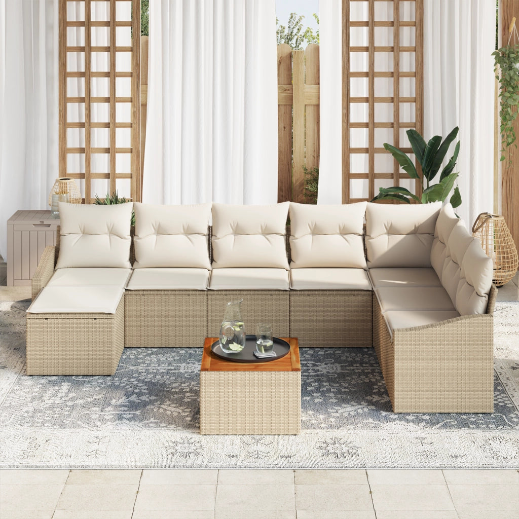 Set di Divani da Giardino da 9 Pezzi con Cuscini Beige Rattan Sintetico Acacia