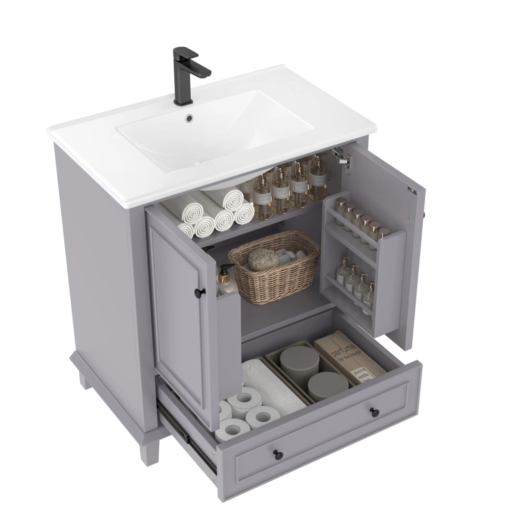 Mobile lavabo 76x46x87 cm in MDF e ceramica grigio con vano contenitore -