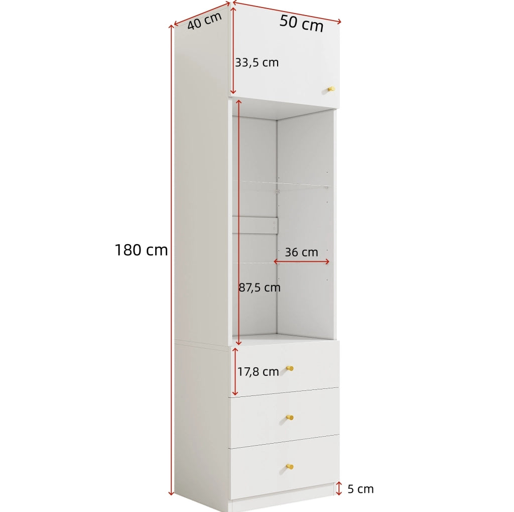 Set di 2 vetrine 50x40x180 cm con cassetti e ripiani in vetro, in MDF bianco
