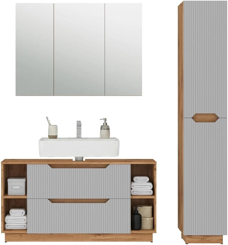 Set di mobili da bagno Lotta, Rovere/grigio a righe, 3 parti