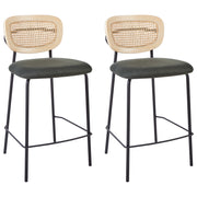 Set di 2 sedie da bar Verde Scuro Rivestimento in poliestere nero Schienale in rattan naturale a treccia viennese Gambe in metallo nero Sgabelli senza braccioli