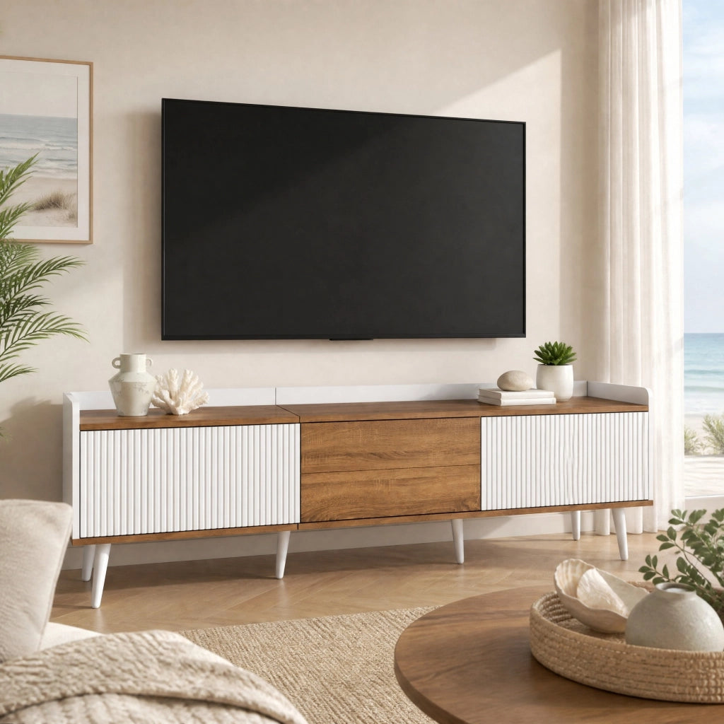 Mobile TV a 3 ante bianco e naturale, 160x39x49,5 cm