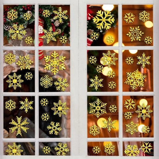 Sticker autoadesivi per finestre natalizi 54 pezzi - Sticker per finestre a forma di fiocco di neve - Decorazione per finestre riciclabile - Glitter oro