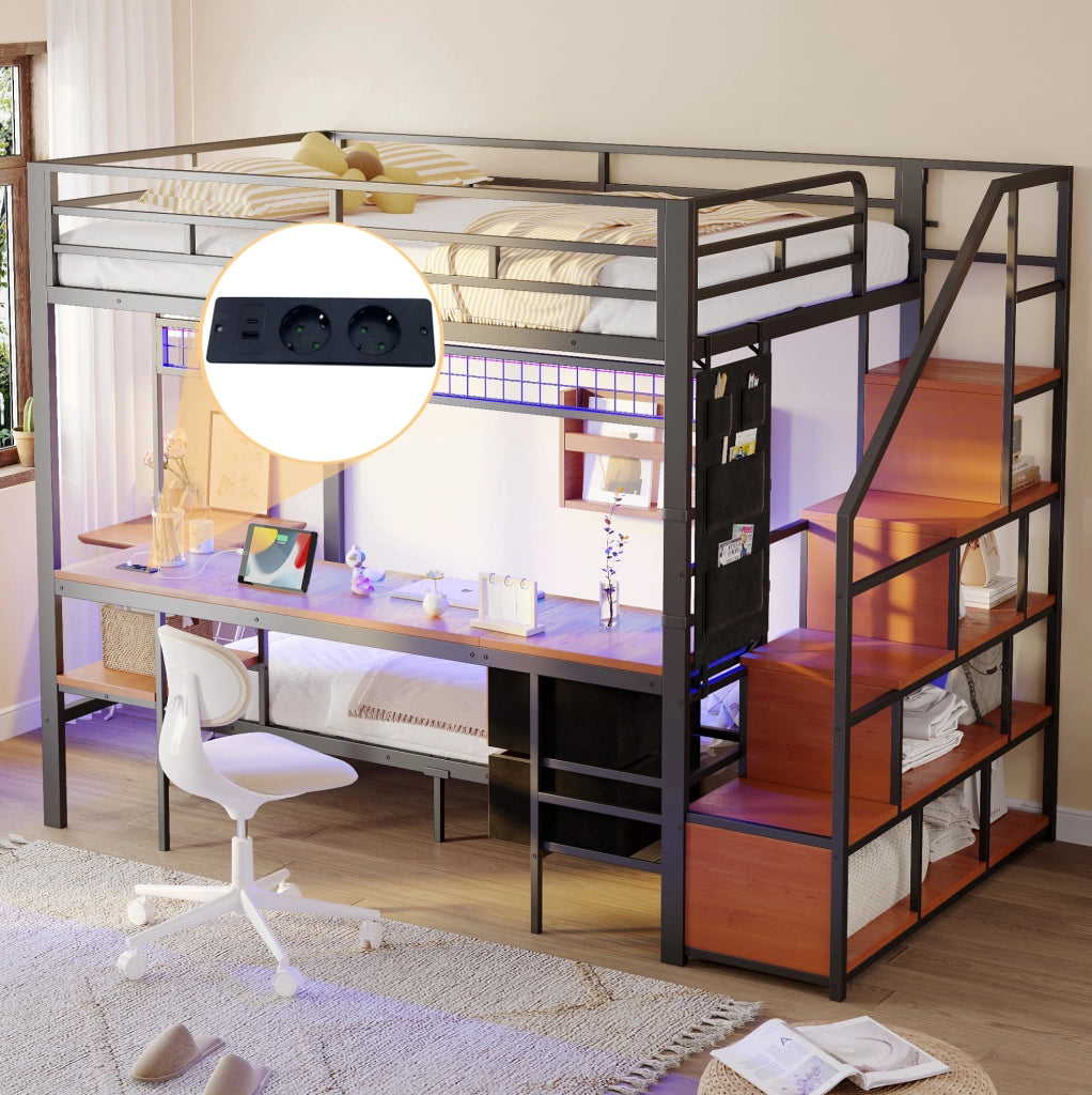Letto a soppalco 140x200/90x200 con scrivania LED nero