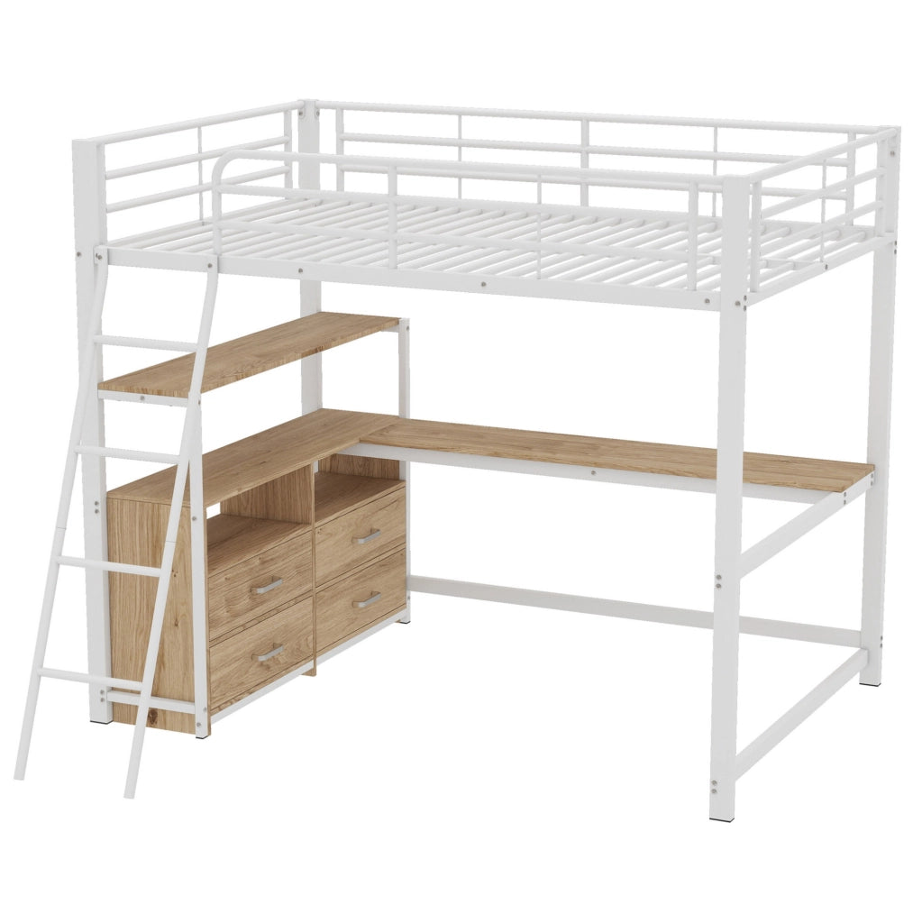 Letto a soppalco 140x200 cm con scrivania a L e cassetti in MDF e metallo bianco