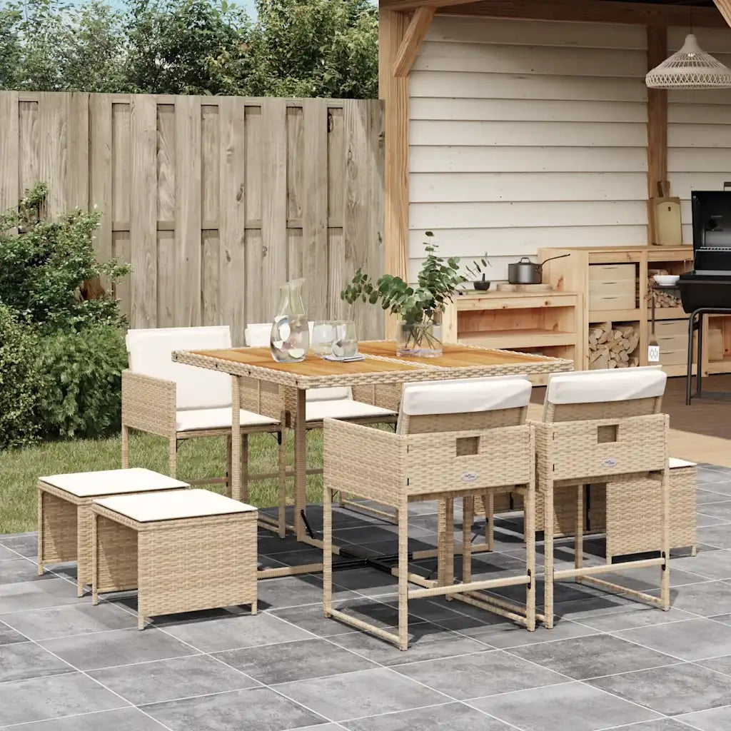 Set da Pranzo da Giardino 9 pz | Set Salotto da Giardino con Cuscini Beige in Polyrattan