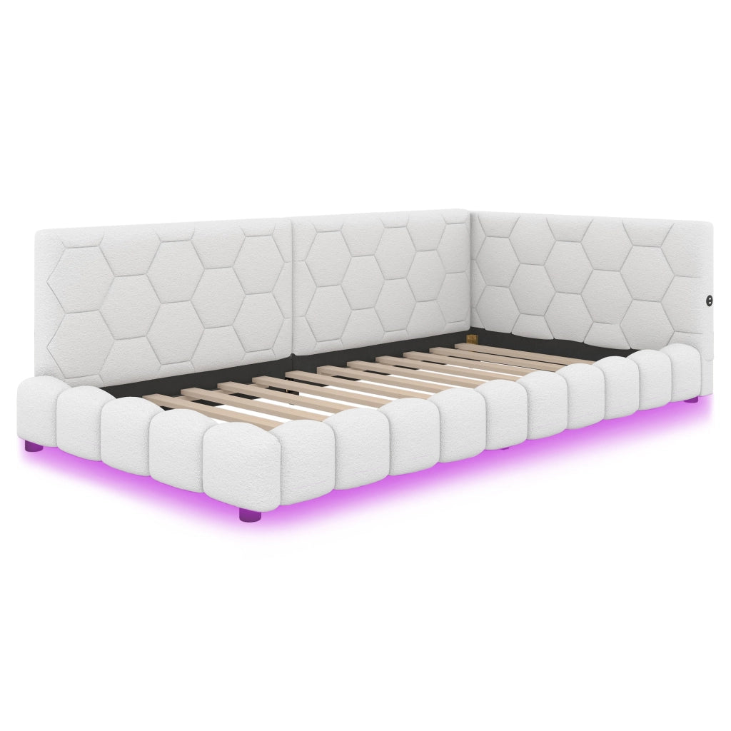 Divano letto 90x200 cm con luce LED a 16 colori; USB e USB-C; bianco