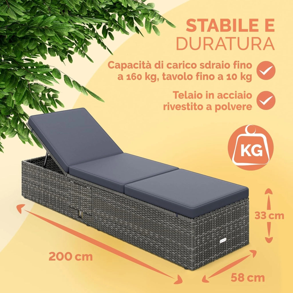 ® Lettino Prendisole 200x58 cm con Tavolino Pieghevole Cuscino da 7cm Sdraio da Giardino in Polyrattan Portata 160 kg Lettini da Esterno