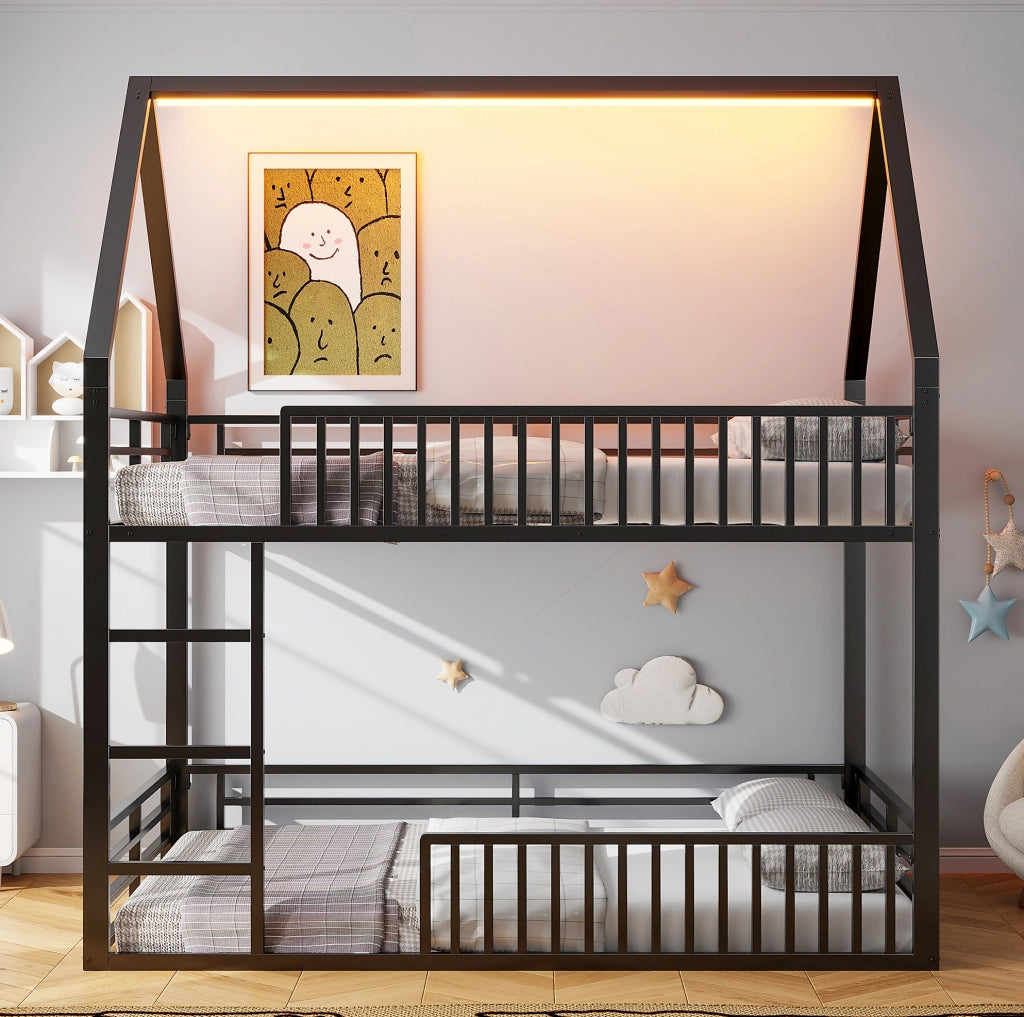 Letto a castello a forma di casa 140x200 con ringhiera e luci LED, nero