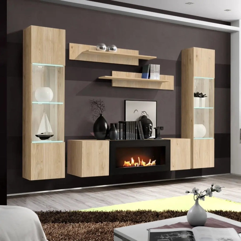 Mobile TV FLY – 2 porte + caminetto bioetanolo integrato – Rovere chiaro