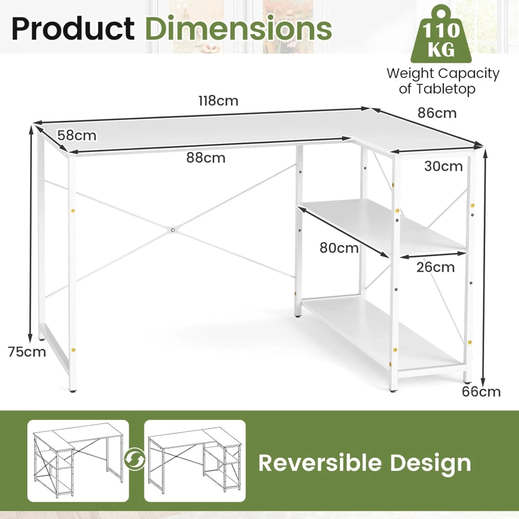 Scrivania a forma di L da 118 cm, tavolo per computer con ripiano reversibile, scrivania ad angolo moderno con ripiano regolabile, per studio, ufficio (bianco)