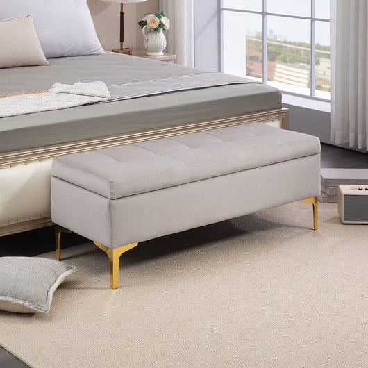 Panca Contenitore Fondo Letto 120x44x44,5cm con Tessuto Vellutato e Gambe Dorate Grigio Chiaro