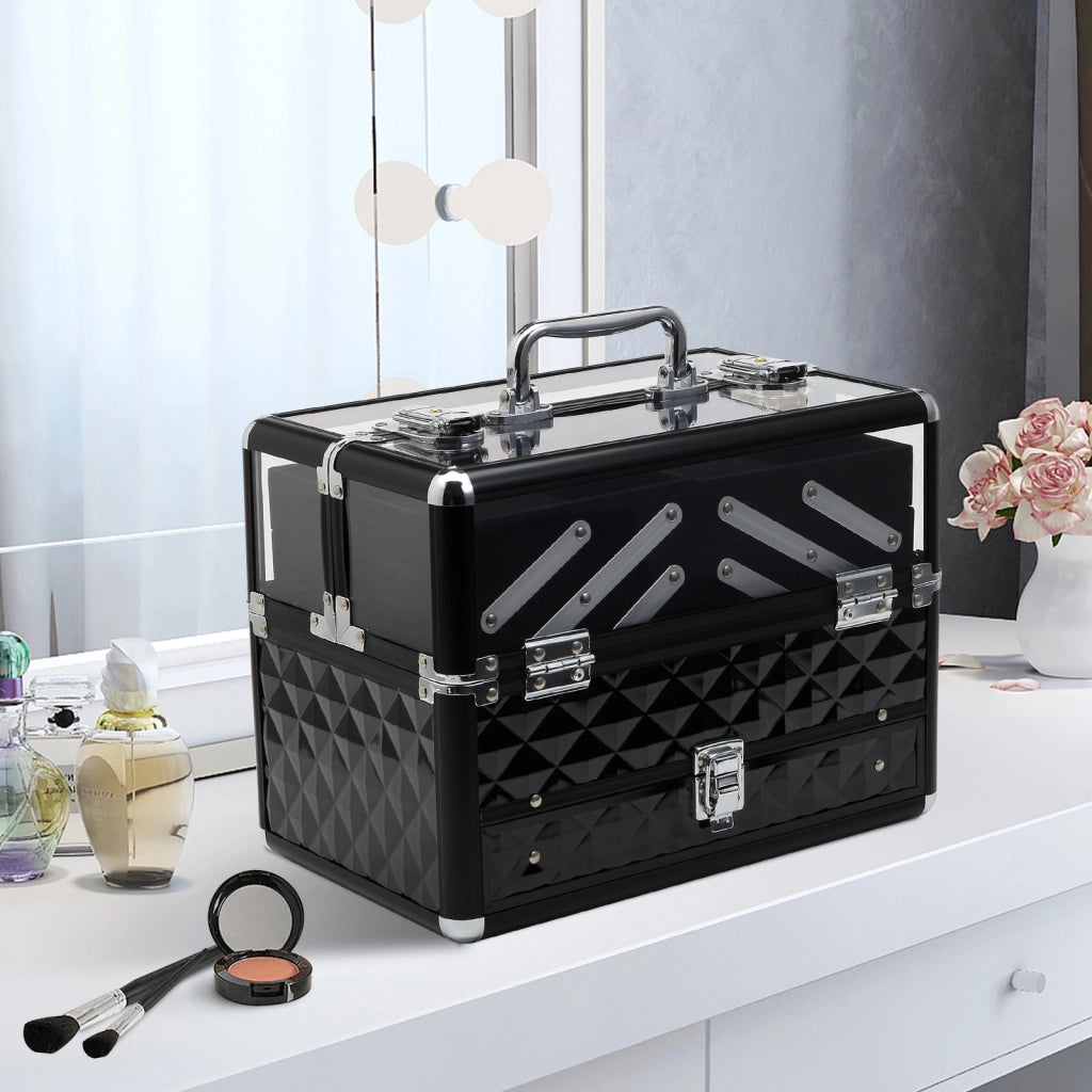 Organizzatore Portatile per Trucco e Gioielli con Bandeje Estraibili ¨C Zephmum ¨C 30x18,5x22 cm Trasparente e Nero