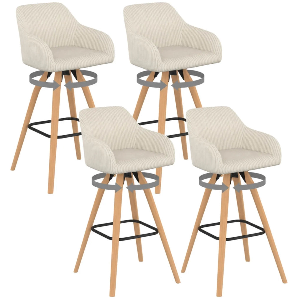 IDMarket - Set di 4 sgabelli da bar JANY girevoli con braccioli in velluto a coste beige e gambe in legno