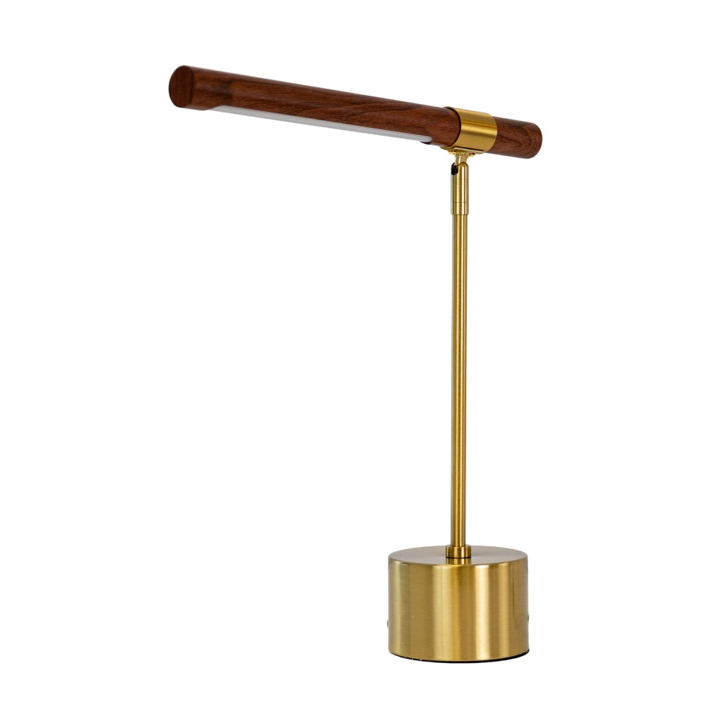 Lampada da tavolo in acciaio effetto noce e acciaio lucido dorato