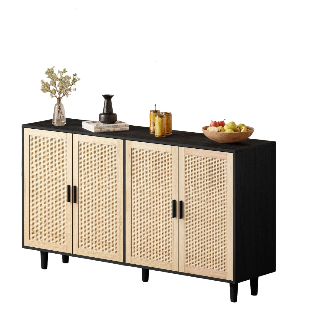 Armadio 4 Ante in Rattan ¨C Xylo ¨C Nero, Ripiani, Guardaroba, 158 cm