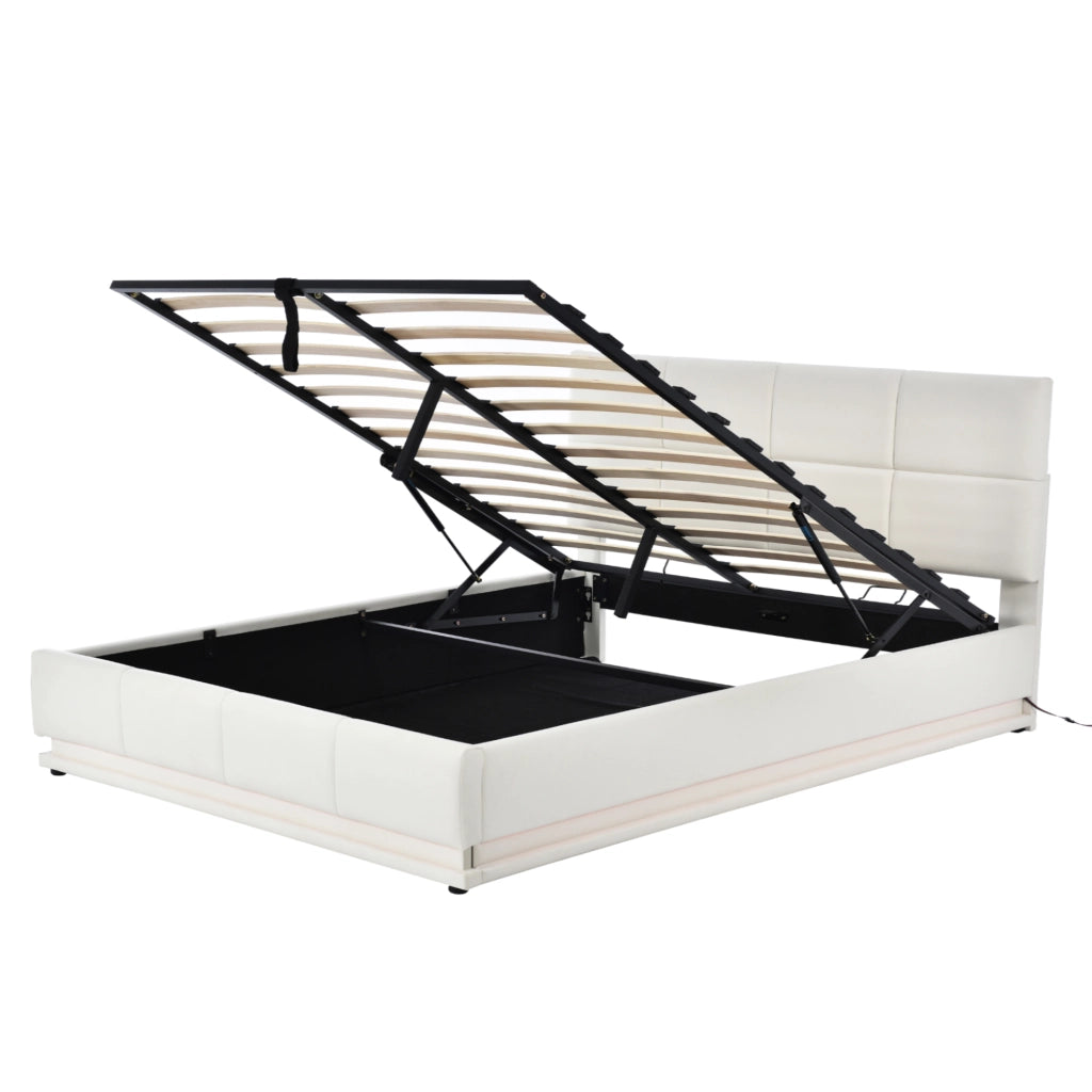 Letto imbottito matrimoniale 160×200 cm con LED e contenitore; rete inclusa; senza materasso; bianco
