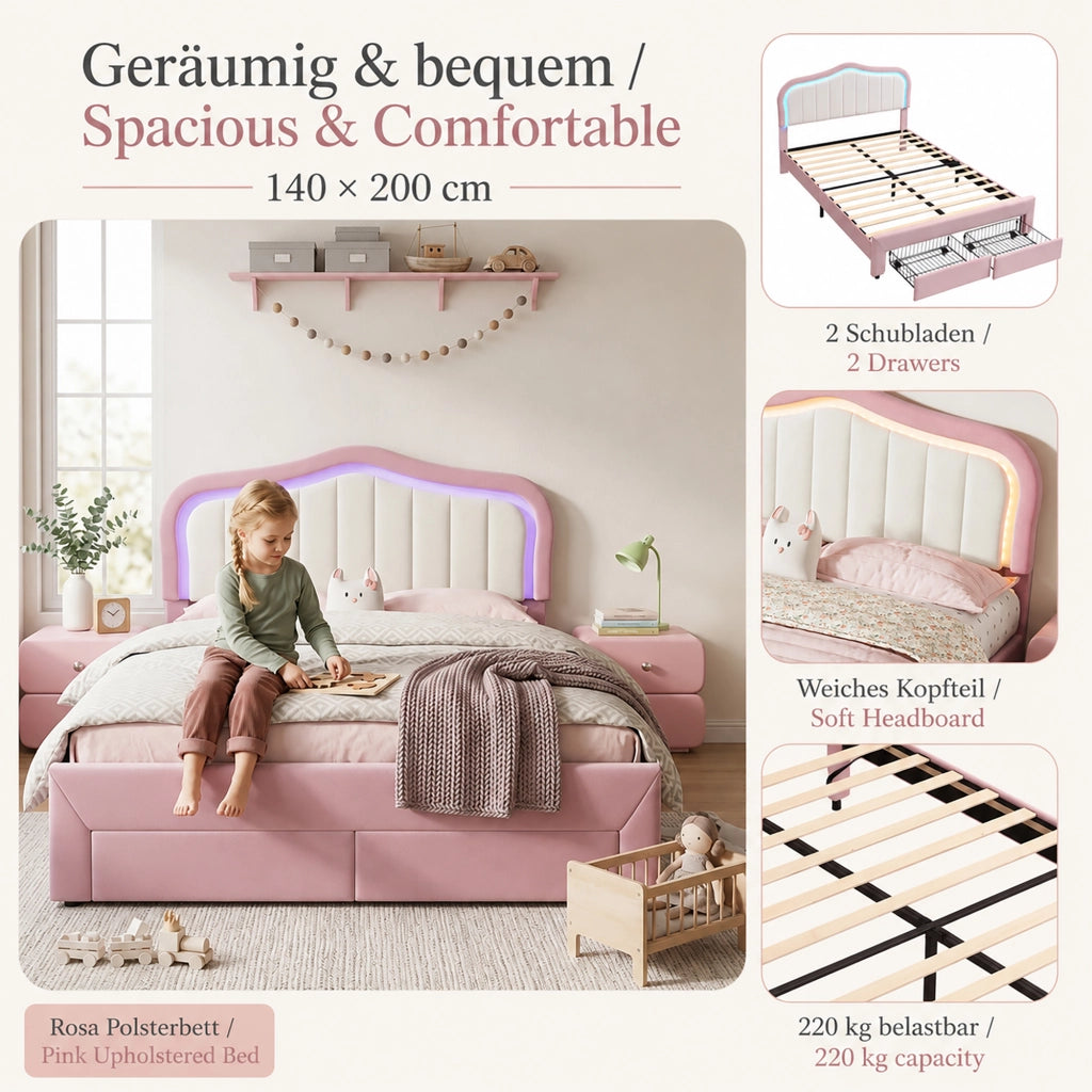 letto imbottito velluto rosa 140 x 200 cm
