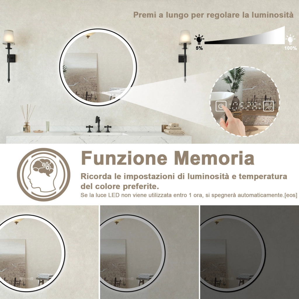Specchio bagno Tondo Diametro 60cm Retroilluminato Con Led, Antiappannamento + 3 Luci + orologio