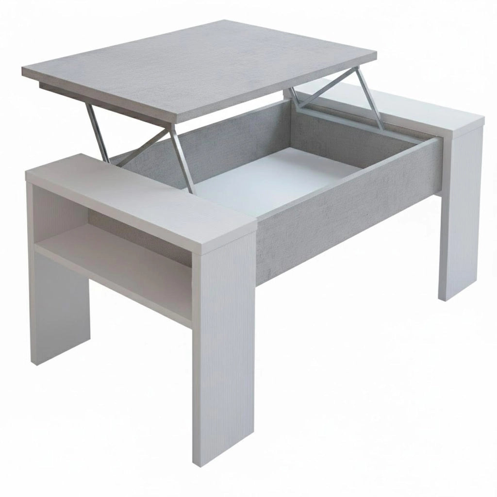 Tavolino Da Living Trasformabile Con Piano Sollevabile E Vano Contenitore Tavolo Moderno Per Salotto Soggiorno Smart Working 98 X 50 X 43 Cm Bianco E Grigio Cemento