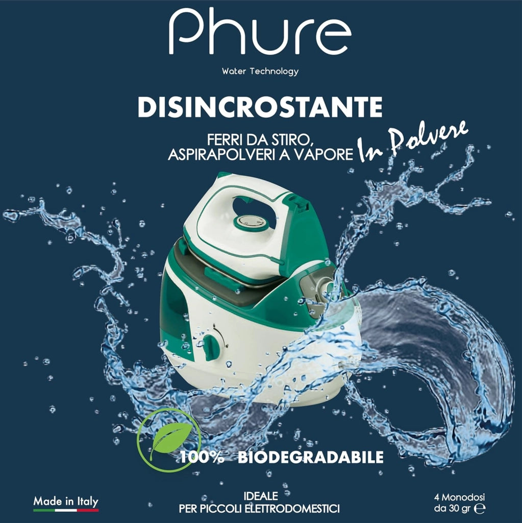 PHURE Decalcificante per Ferri da stiro, Aspirapolveri, Deumidificatori in Polvere Monodose, piccoli elettrodomestici, compatibile con tutte le marche 100% Biodegradabile, ECO Made in Italy, 4 Lavaggi