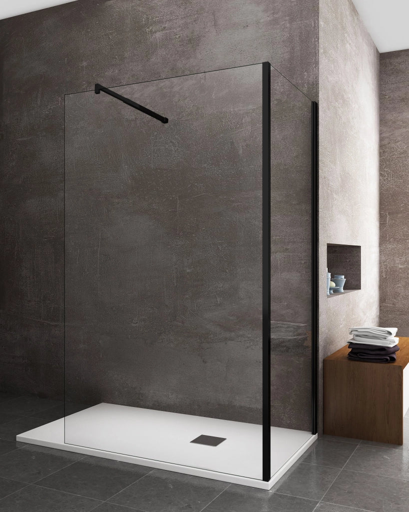 Parete Doccia Angolare walk-in h 200 vetro 8MM trasparente Telaio Nero con Accessori - 75X100 REVERSIBILE