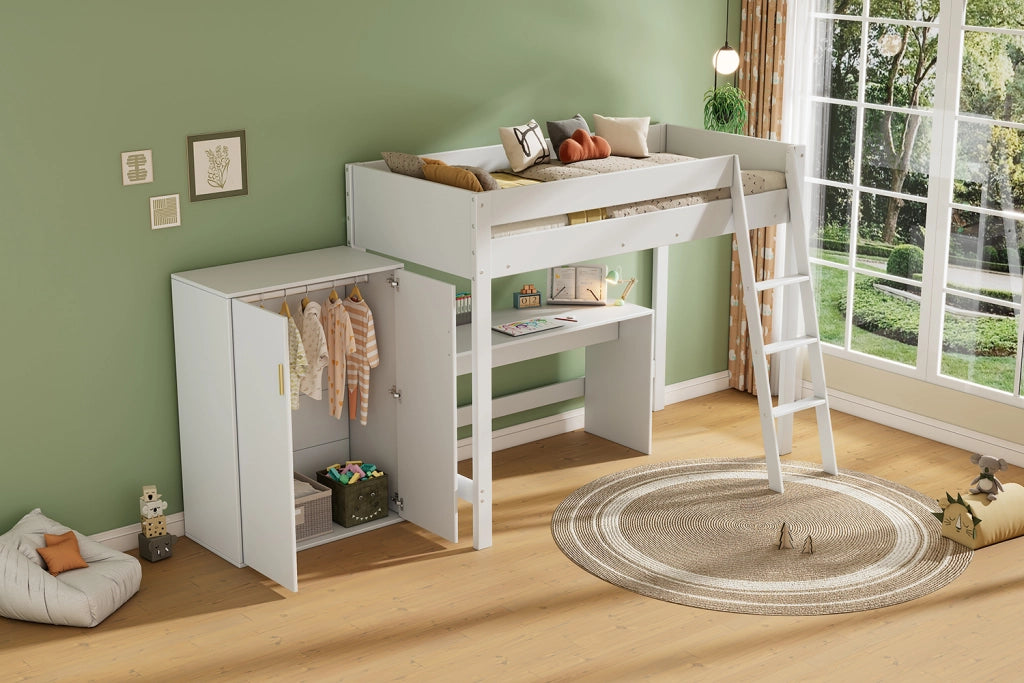 Letto a castello per bambini bianco con scrivania e armadio in legno massello 90x200 cm