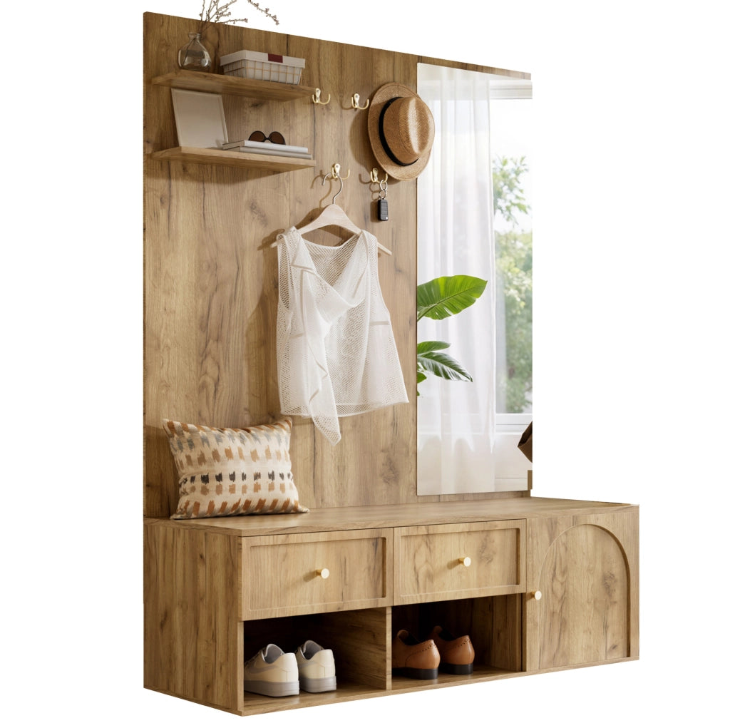Mobile ingresso con specchio; 5 ganci; 2 cassetti e vano con anta; effetto legno; 120x35x159 cm