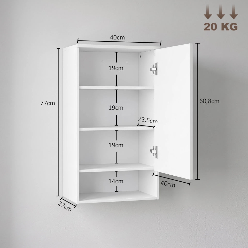 Armadietto pensile bagno con anta, 40x27x77 cm, bianco