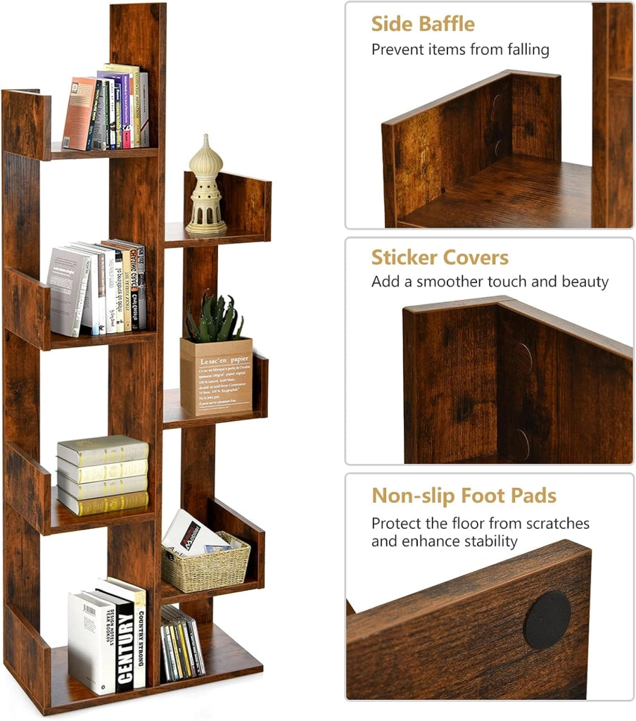 Scaffale Libreria a Albero, a 8 Livelli, Ideale per Soggiorno, Studio e Ufficio, Stile Moderno, Nero/Bianco/Marrone, 50x24,5x145 cm (Marrone)