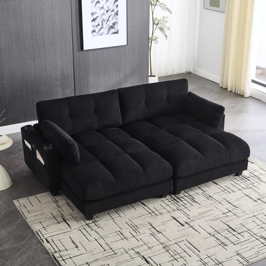 DIVANO 2 posti modulare 224x140x81 cm in corduroy nero con USB e cuscini