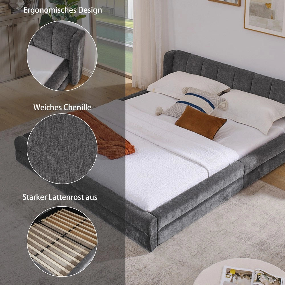 Letto Matrimoniale Imbottito ¨C MINIMAL ¨C Tessuto Chenille, Grigio Scuro, 160x200