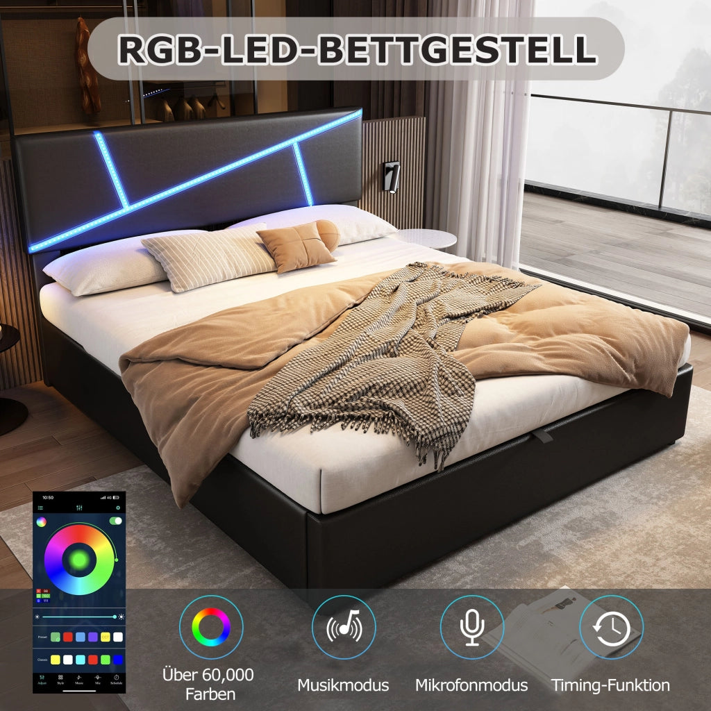 LETTO Contenitore 140x200 cm con LED PU Nero