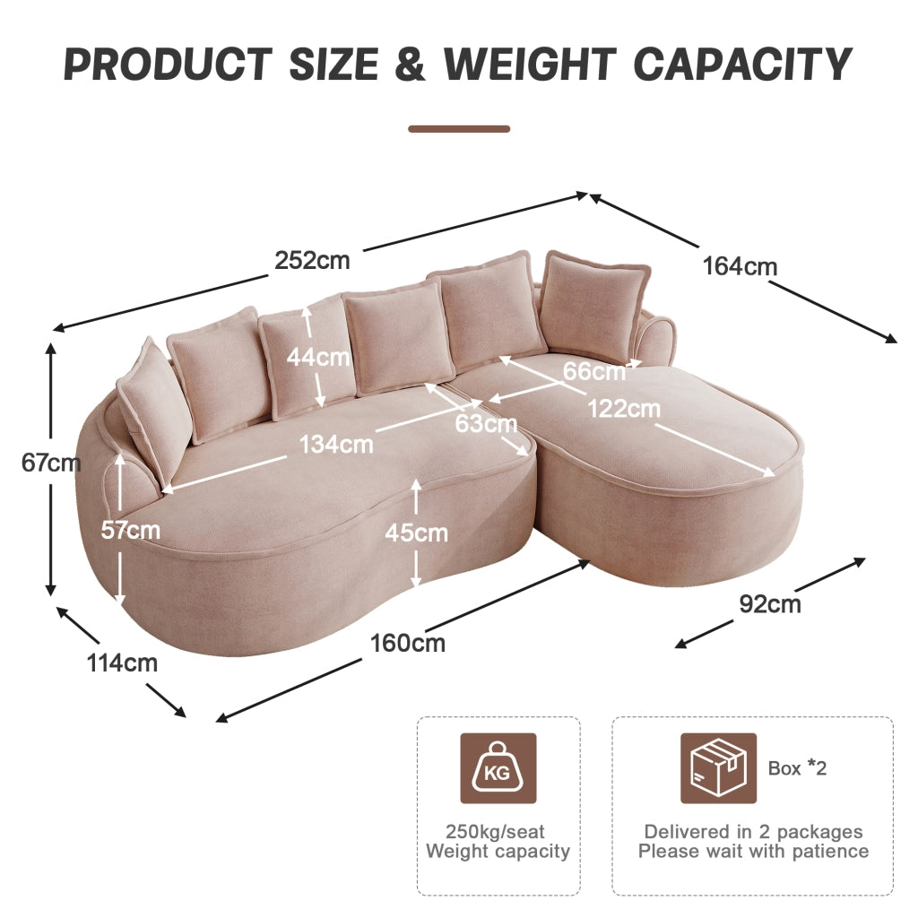 Divano modulare a L senza struttura in ciniglia con chaise longue profonda braccioli larghi e cuscini rosa
