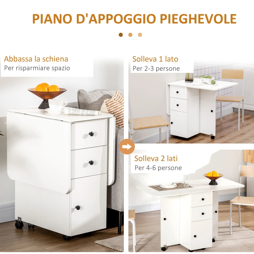 Tavolo a Ribalta per 6 Persone max con 2 Cassetti Armadietto e Ripiano 120x60x76,5 cm in Truciolato Bianco