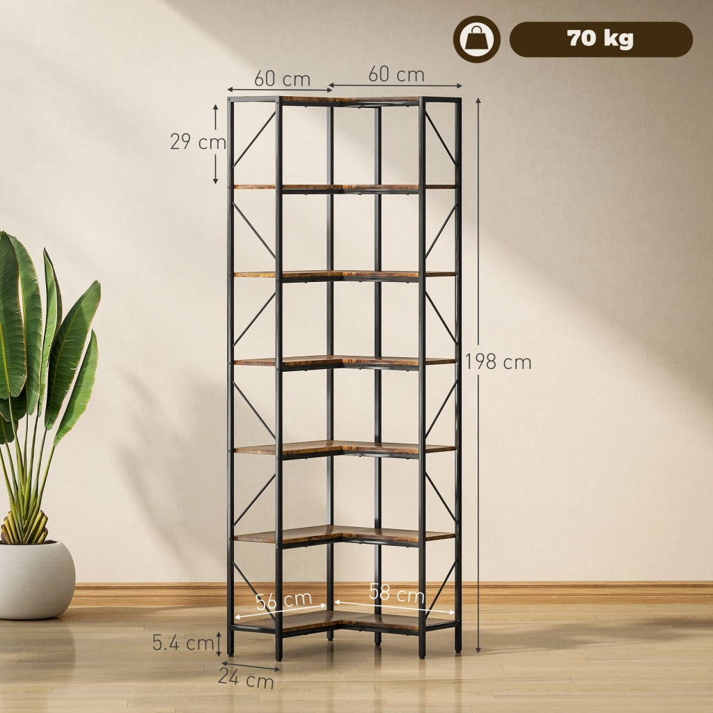 Libreria Angolare Industriale a 7 Livelli, in Legno e Acciaio, 60x60x198 cm, Marrone Rustico