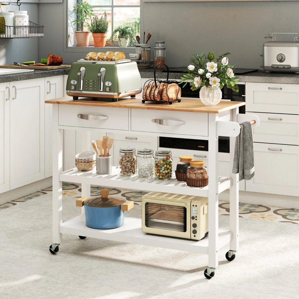 Carrello portautensili a 3 livelli con piano in legno e 2 ripiani aperti-BuffetIsola da cucina con spazio di archiviazione Bianco