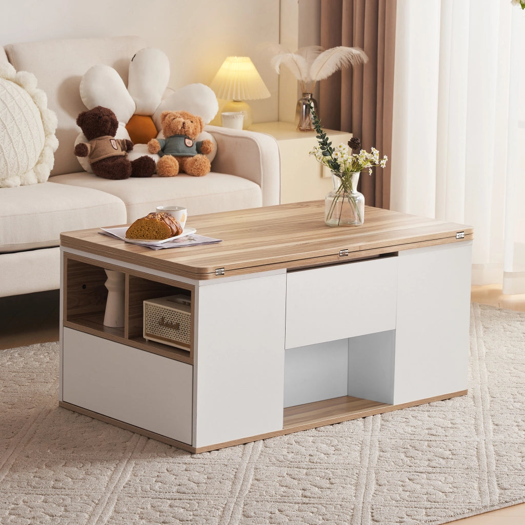 TAVOLINO DA SALOTTO ALZABILE 100x51x47 cm BIANCO E LEGNO CON 2 CASSETTI