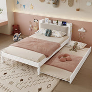 Letto in legno da 120x200 cm, con letto estraibile da 90x190 cm, testiera imbottita, ripiano e prese di ricarica, bianco