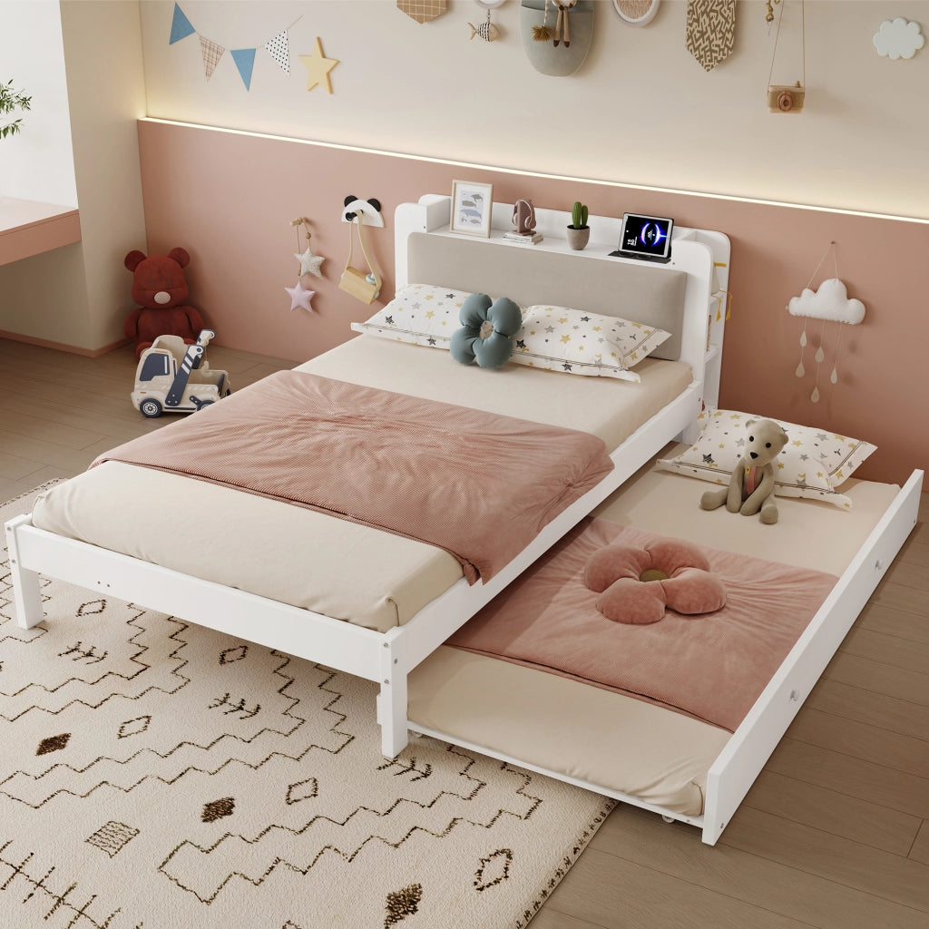 Letto in legno da 120x200 cm, con letto estraibile da 90x190 cm, testiera imbottita, ripiano e prese di ricarica, bianco
