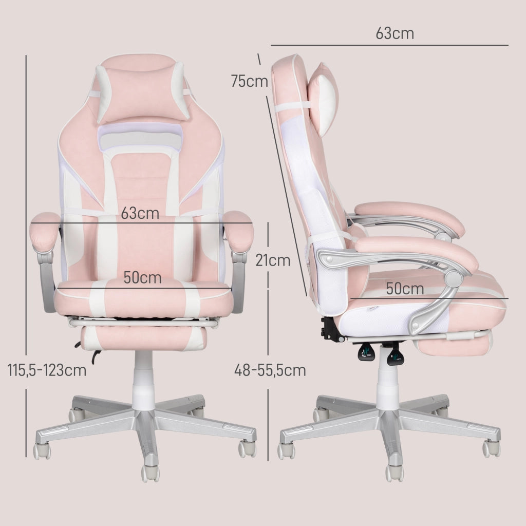 Sedia da gaming girevole con poggiapiedi e schienale reclinabile con cuscini lombare e cervicale in similpelle rosa