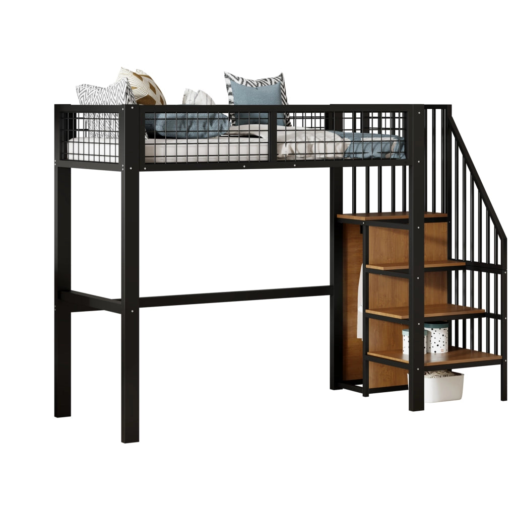 Letto a soppalco 90x200 cm nero in metallo con scala di sicurezza e armadio