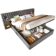 Letti contenitori 180x200 cm con 2 comodini e luci lettura; velluto grigio (Senza materasso)