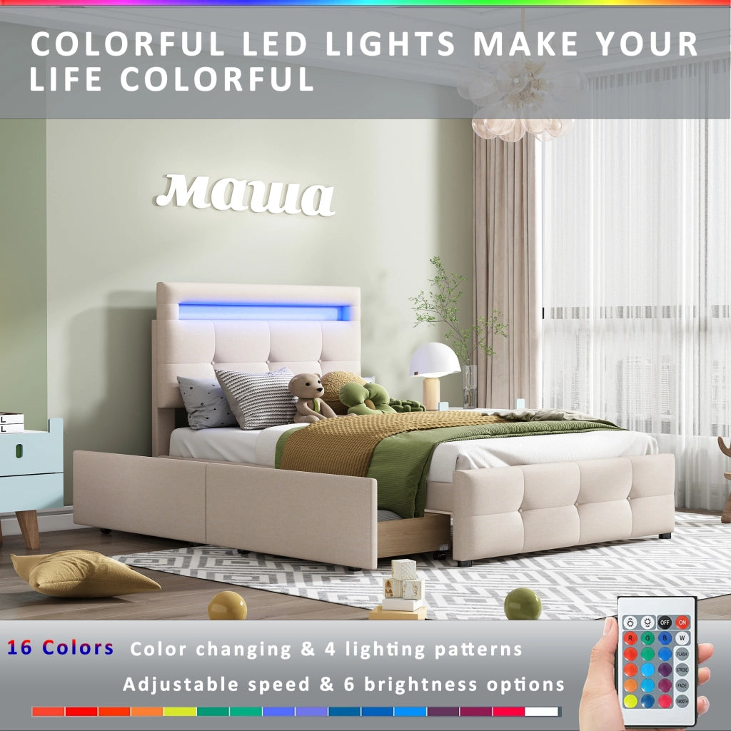 Letto singolo 90×200 cm con 2 cassetti; LED e rete; senza materasso; imbottito; beige