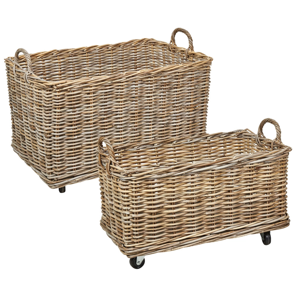 Set di 2 scatole in rattan naturale con ruote in plastica e manici in gomma, realizzati a mano con struttura in legno, in stile bohémien.